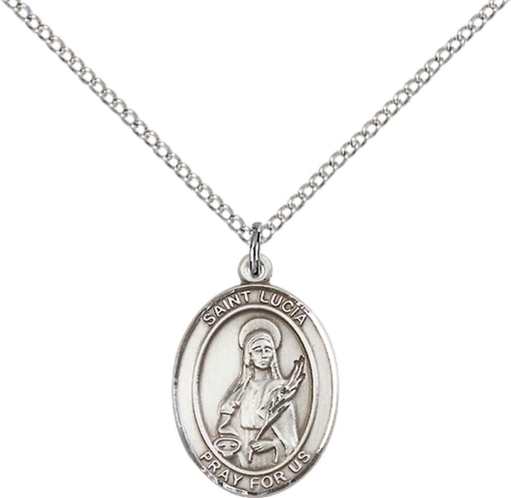Sterling Silver St. Lucia of Syracuse Pendant with 18 inch Sterling Silver Light Curb Chain - Medium