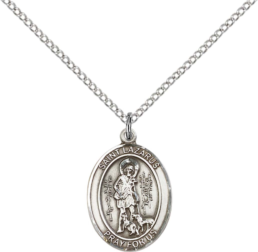 Sterling Silver St. Lazarus Pendant with 18 inch Sterling Silver Light Curb Chain - Medium