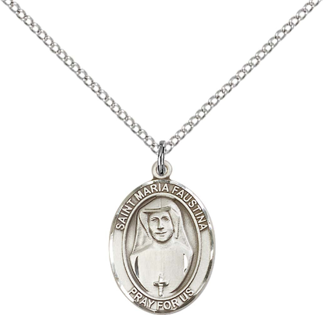 Sterling Silver St. Maria Faustina Pendant with 18 inch Sterling Silver Light Curb Chain - Medium