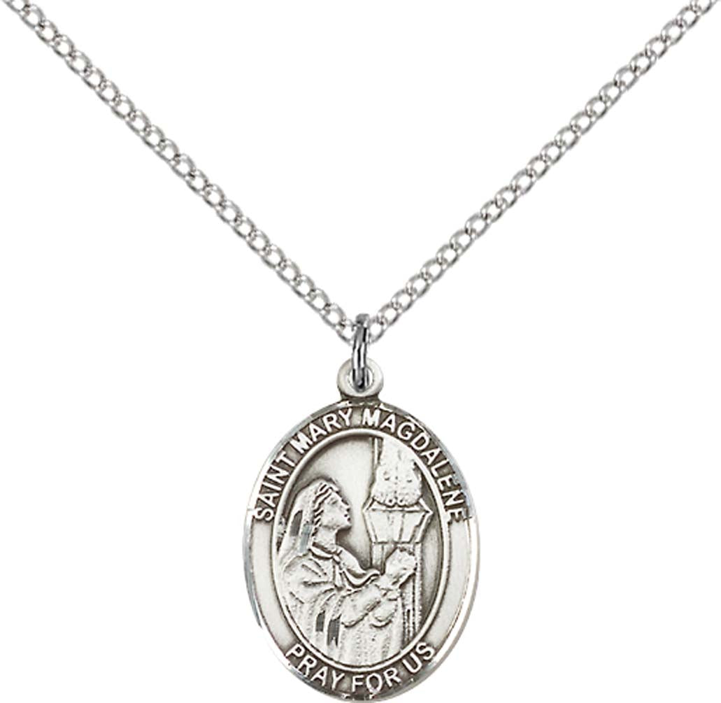 Sterling Silver St. Mary Magdalene Pendant with 18 inch Sterling Silver Light Curb Chain - Medium