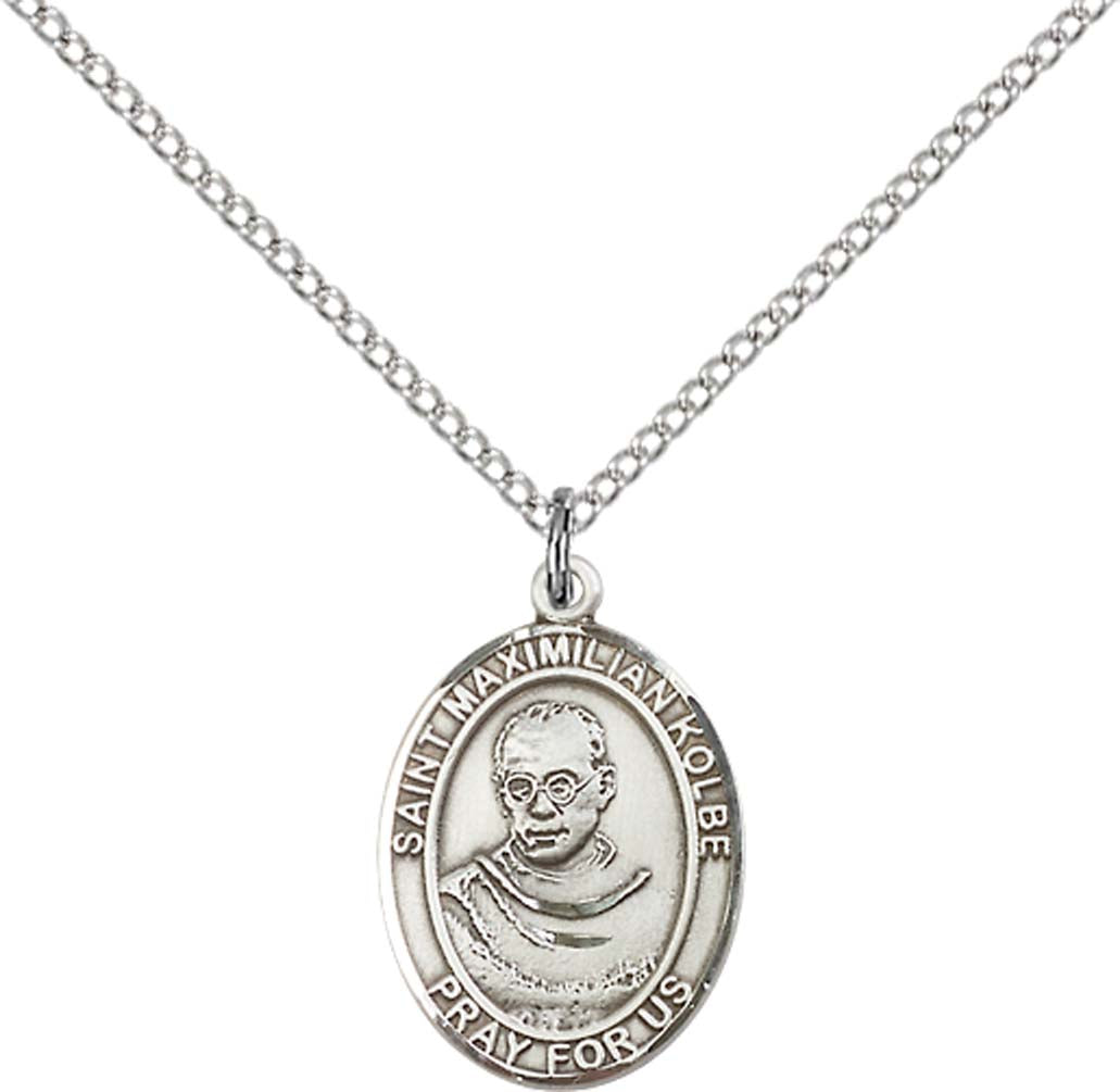 Sterling Silver St. Maximilian Kolbe Pendant with 18 inch Sterling Silver Light Curb Chain - Medium