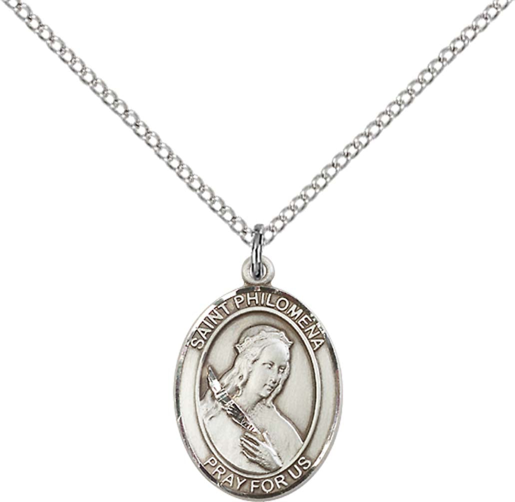 Sterling Silver St. Philomena Pendant with 18 inch Sterling Silver Light Curb Chain - Medium