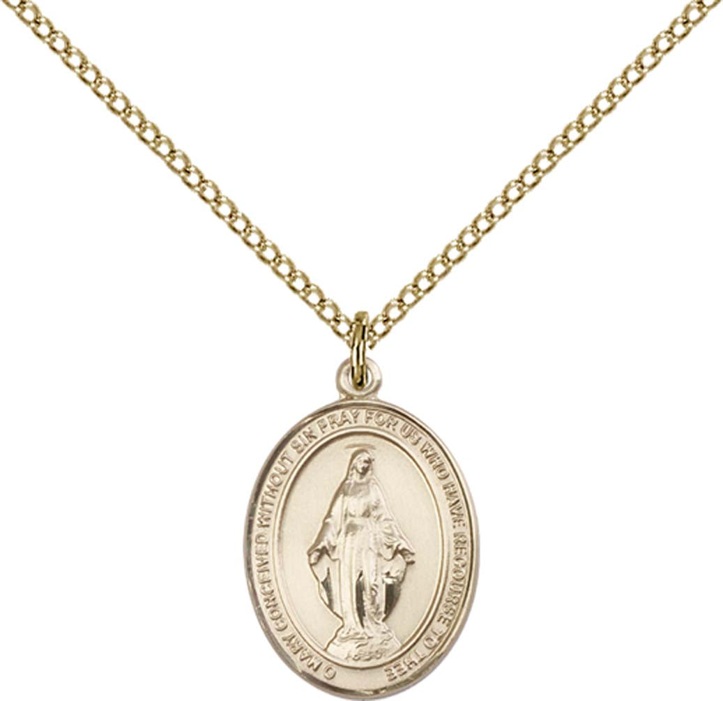 14kt Gold Filled Miraculous Pendant with 18 inch Gold Filled Light Curb Chain