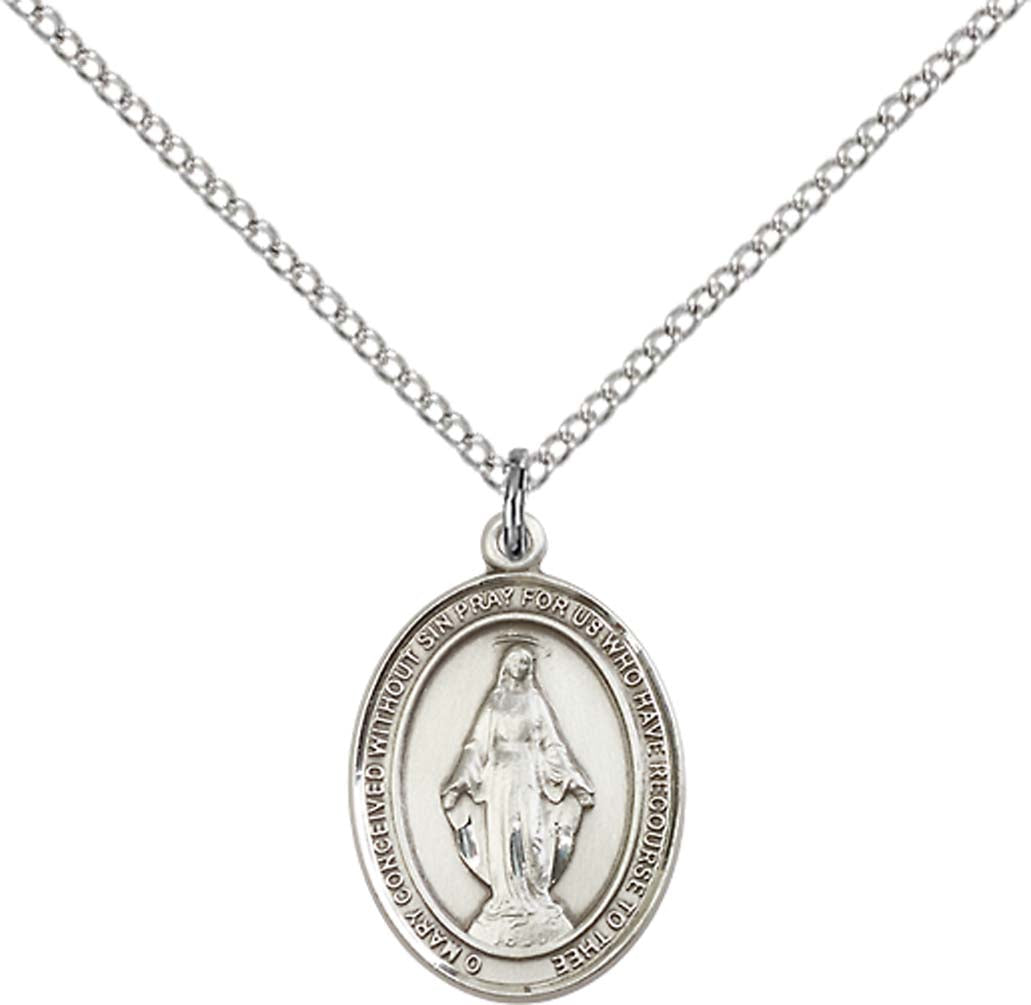 Sterling Silver Miraculous Pendant with 18 inch Sterling Silver Light Curb Chain