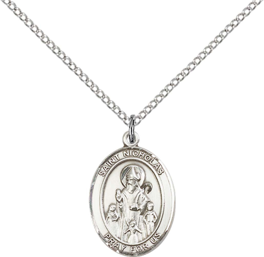Sterling Silver St. Nicholas Pendant with 18 inch Sterling Silver Light Curb Chain - Medium