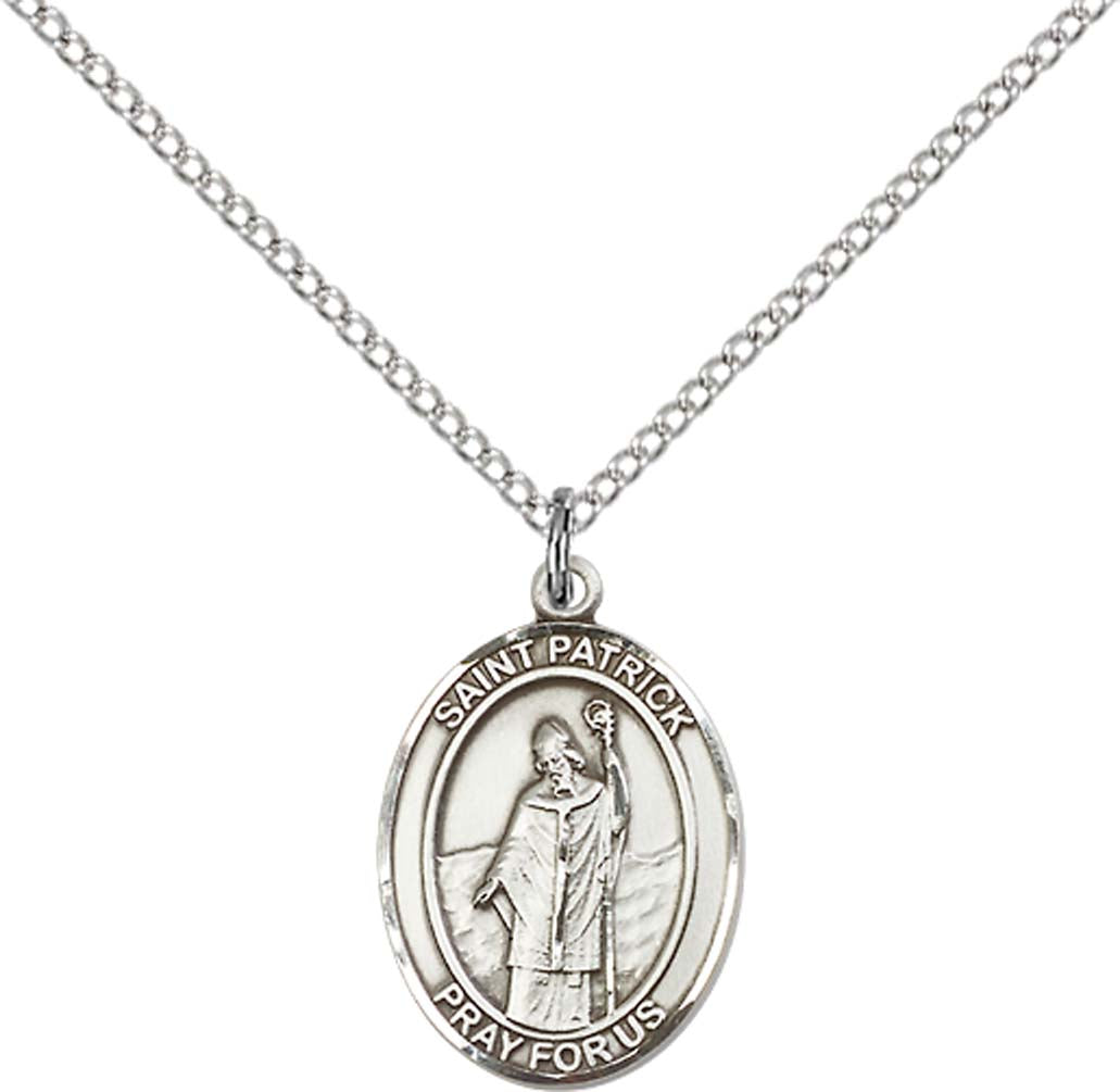 Sterling Silver St. Patrick Pendant with 18 inch Sterling Silver Light Curb Chain - Medium
