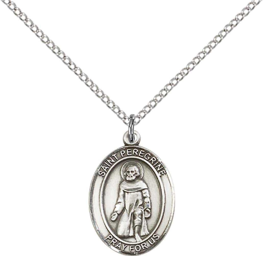 Sterling Silver St. Peregrine Laziosi Pendant with 18 inch Sterling Silver Light Curb Chain - Medium