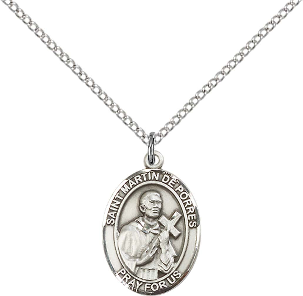 Sterling Silver St. Martin De Porres Pendant with 18 inch Sterling Silver Light Curb Chain - Medium