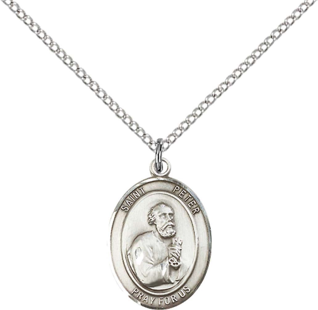 Sterling Silver St. Peter the Apostle Pendant with 18 inch Sterling Silver Light Curb Chain - Medium