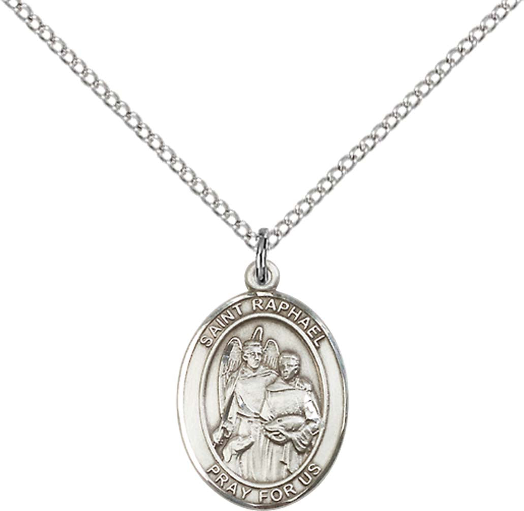 Sterling Silver St. Raphael the Archangel Pendant with 18 inch Sterling Silver Light Curb Chain - Medium