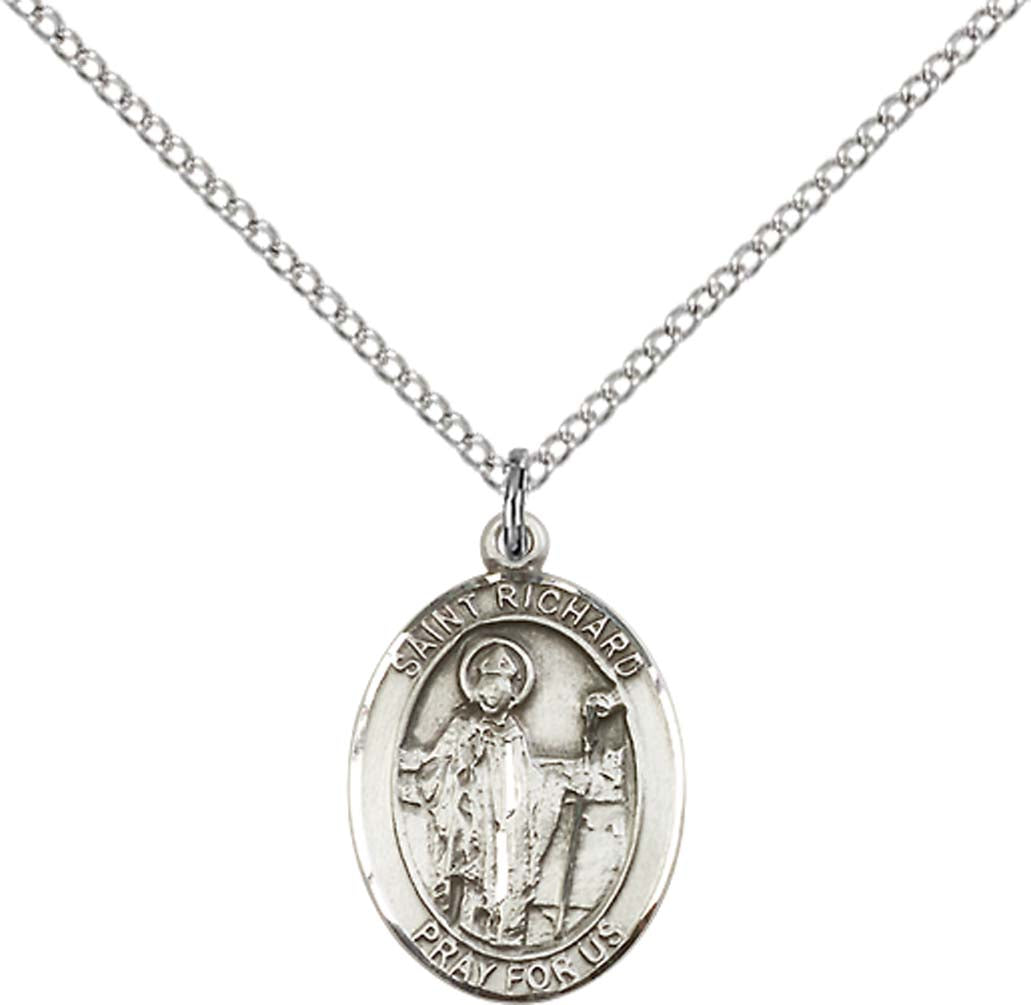 Sterling Silver St. Richard Pendant with 18 inch Sterling Silver Light Curb Chain - Medium