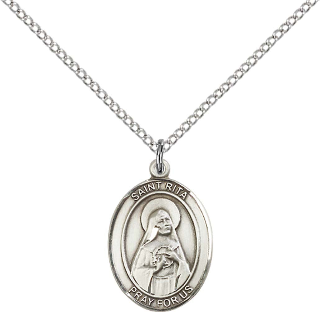 Sterling Silver St. Rita of Cascia Pendant with 18 inch Sterling Silver Light Curb Chain - Medium