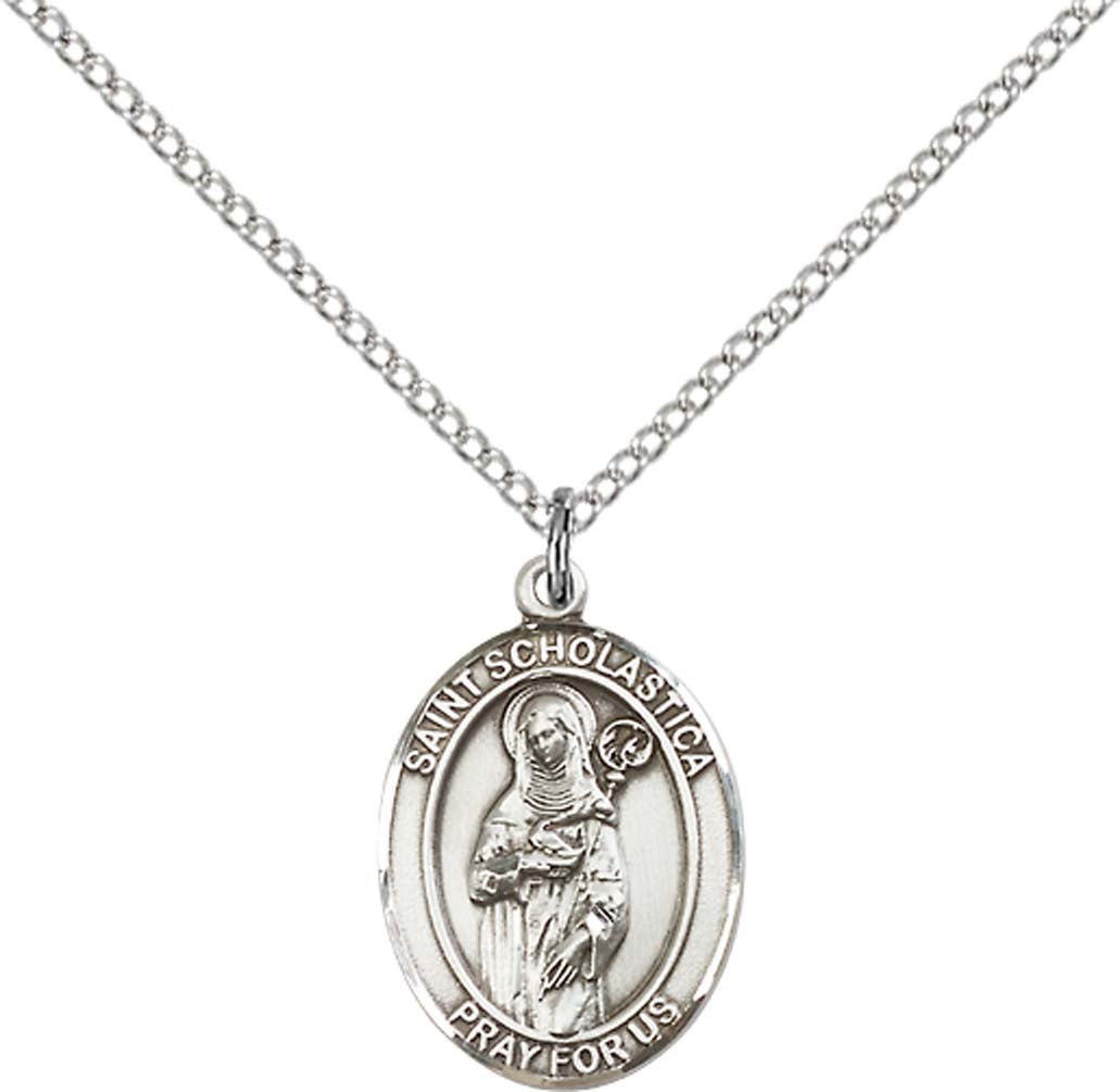 Sterling Silver St. Scholastica Pendant with 18 inch Sterling Silver Light Curb Chain - Medium