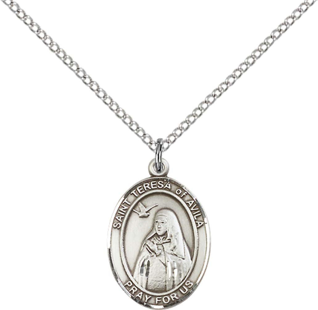 Sterling Silver St. Teresa of Avila Pendant with 18 inch Sterling Silver Light Curb Chain - Medium