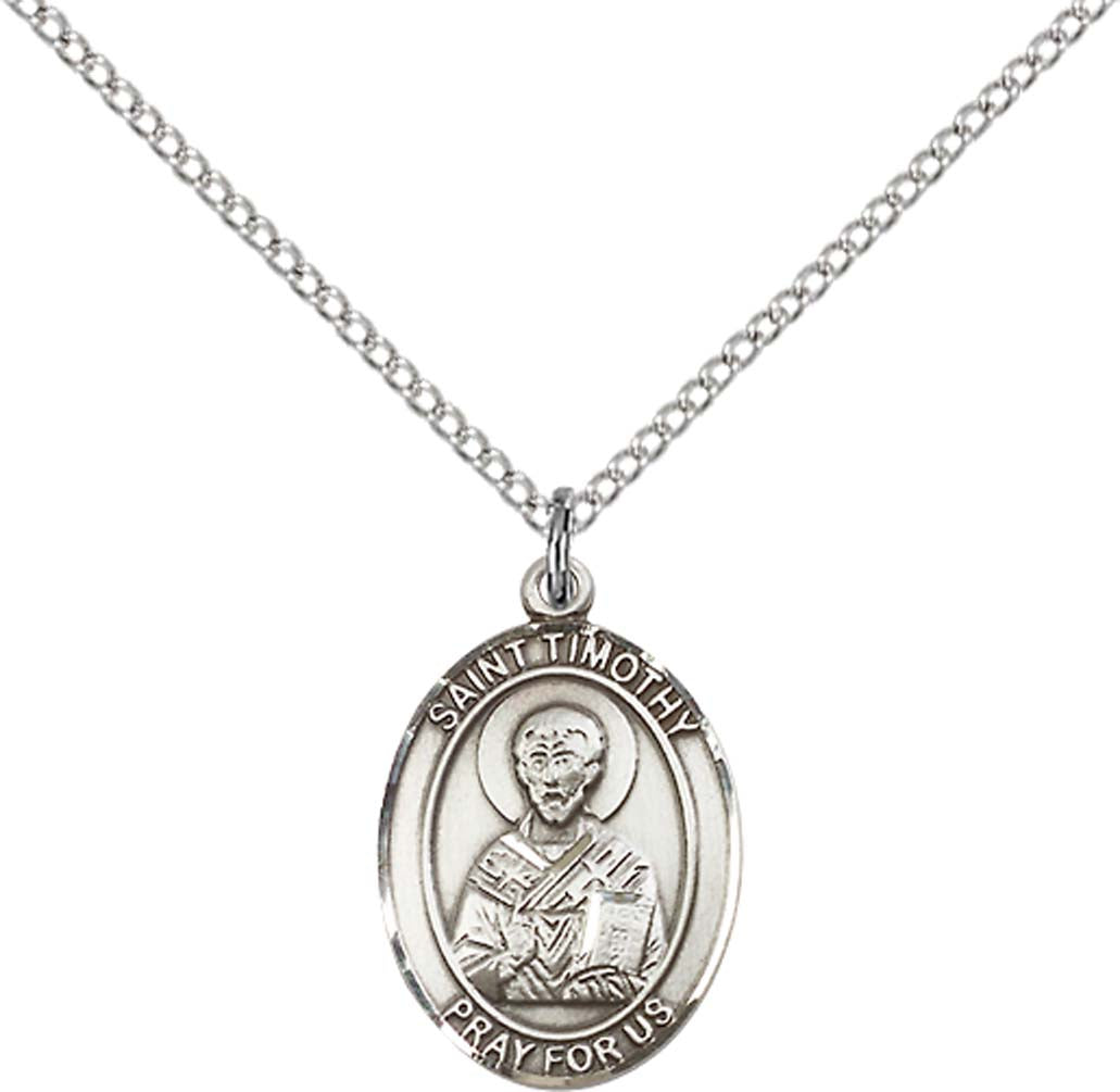 Sterling Silver St. Timothy Pendant with 18 inch Sterling Silver Light Curb Chain - Medium