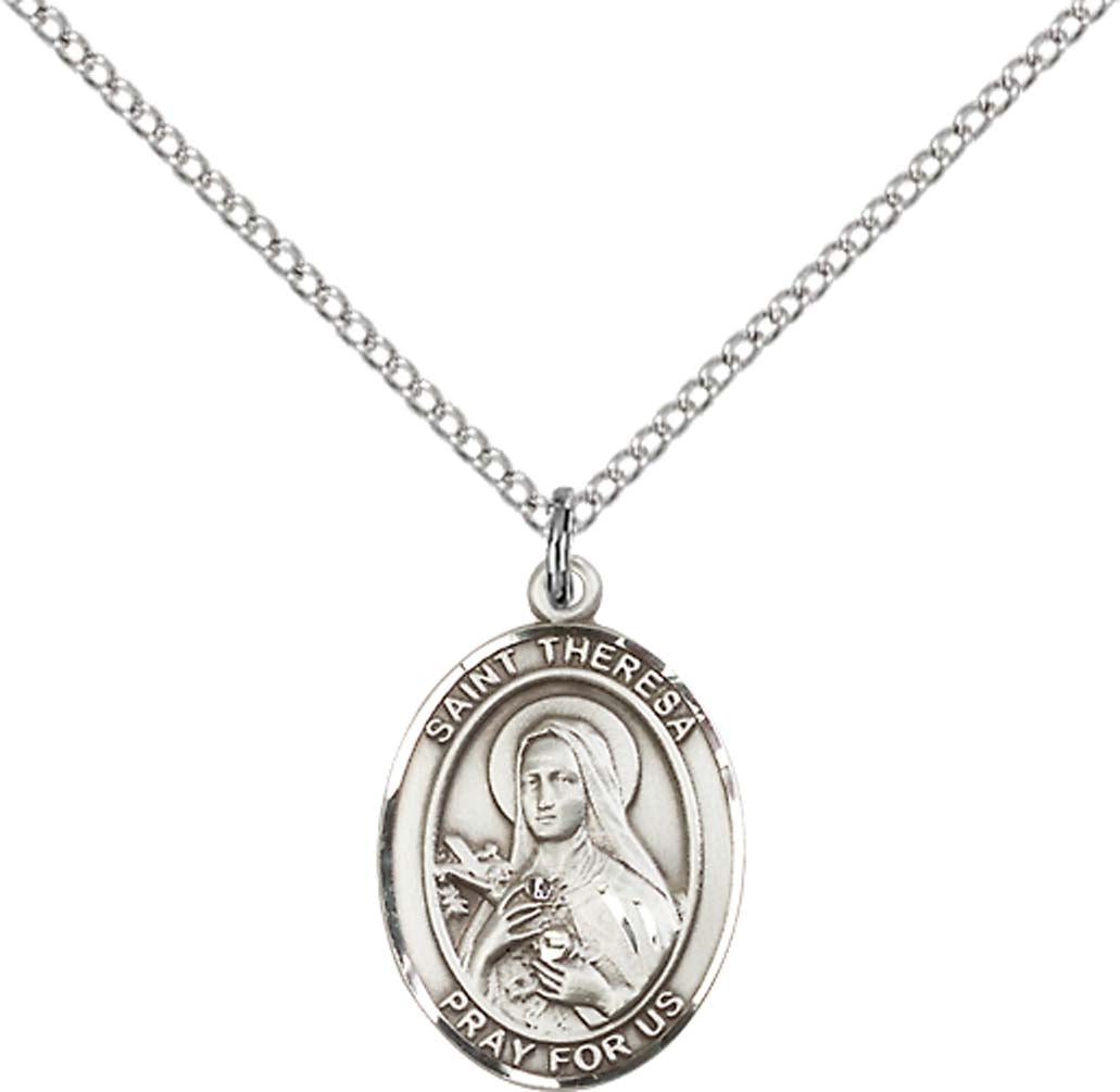 Sterling Silver St. Theresa Pendant with 18 inch Sterling Silver Light Curb Chain - Medium