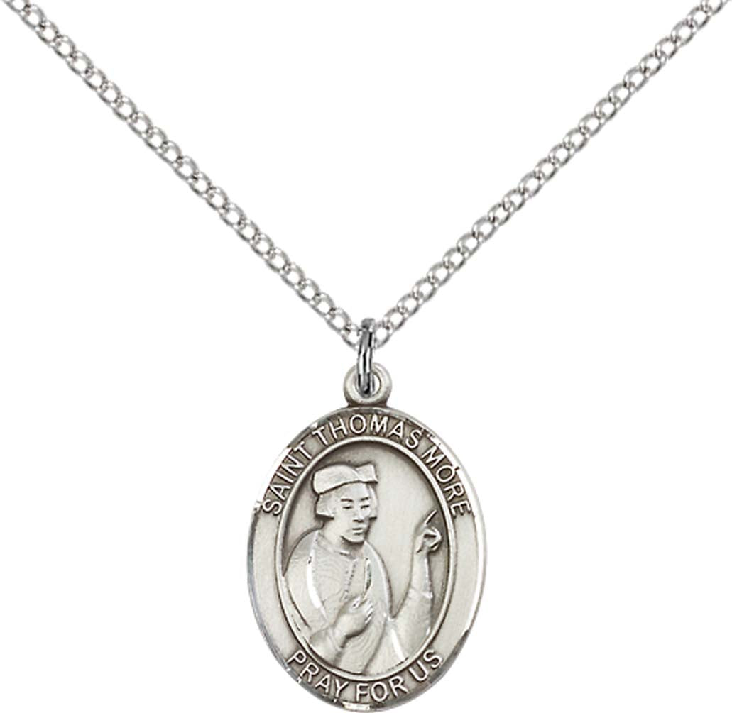 Sterling Silver St. Thomas More Pendant with 18 inch Sterling Silver Light Curb Chain - Medium