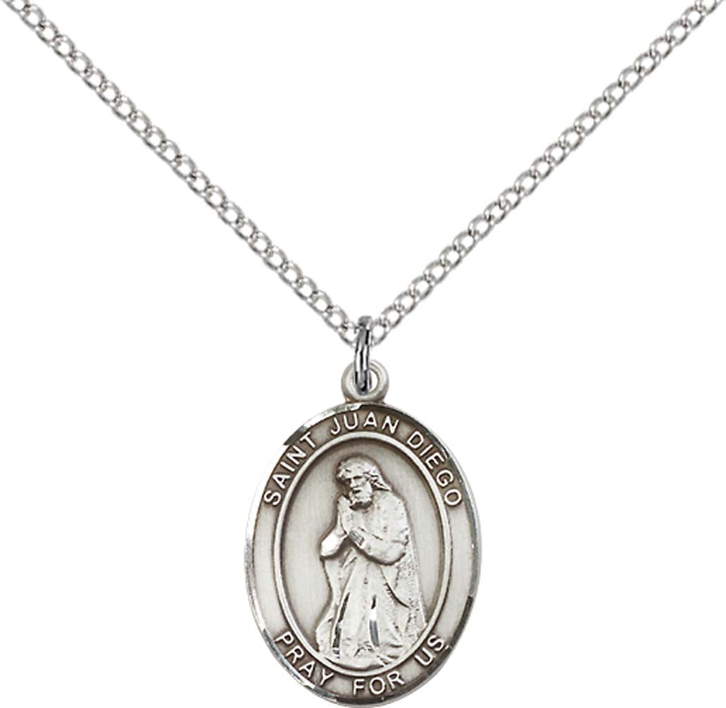 Sterling Silver St. Juan Diego Pendant with 18 inch Sterling Silver Light Curb Chain - Medium