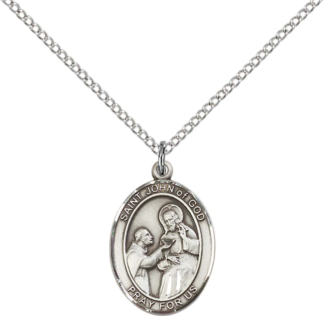 Sterling Silver St. John of God Pendant with 18 inch Sterling Silver Light Curb Chain