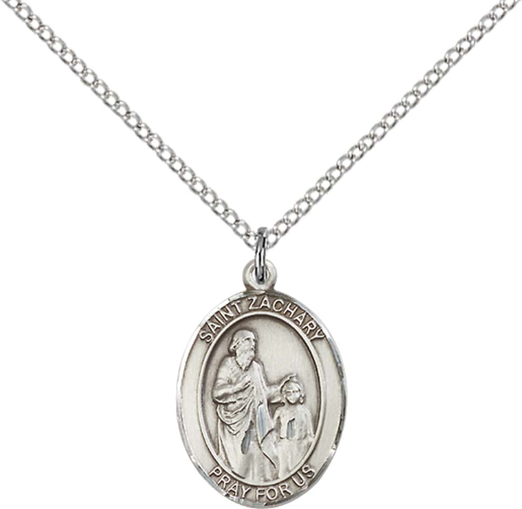 Sterling Silver St. Zachary Pendant with 18 inch Sterling Silver Light Curb Chain - Medium