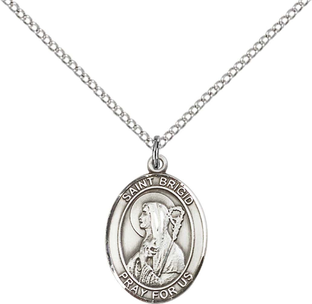 Sterling Silver St. Brigid of Ireland Pendant with 18 inch Sterling Silver Light Curb Chain - Medium