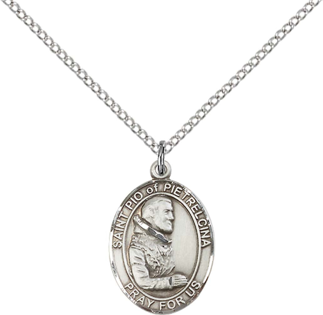 Sterling Silver St. Pio of Pietrelcina Pendant with 18 inch Sterling Silver Light Curb Chain - Medium