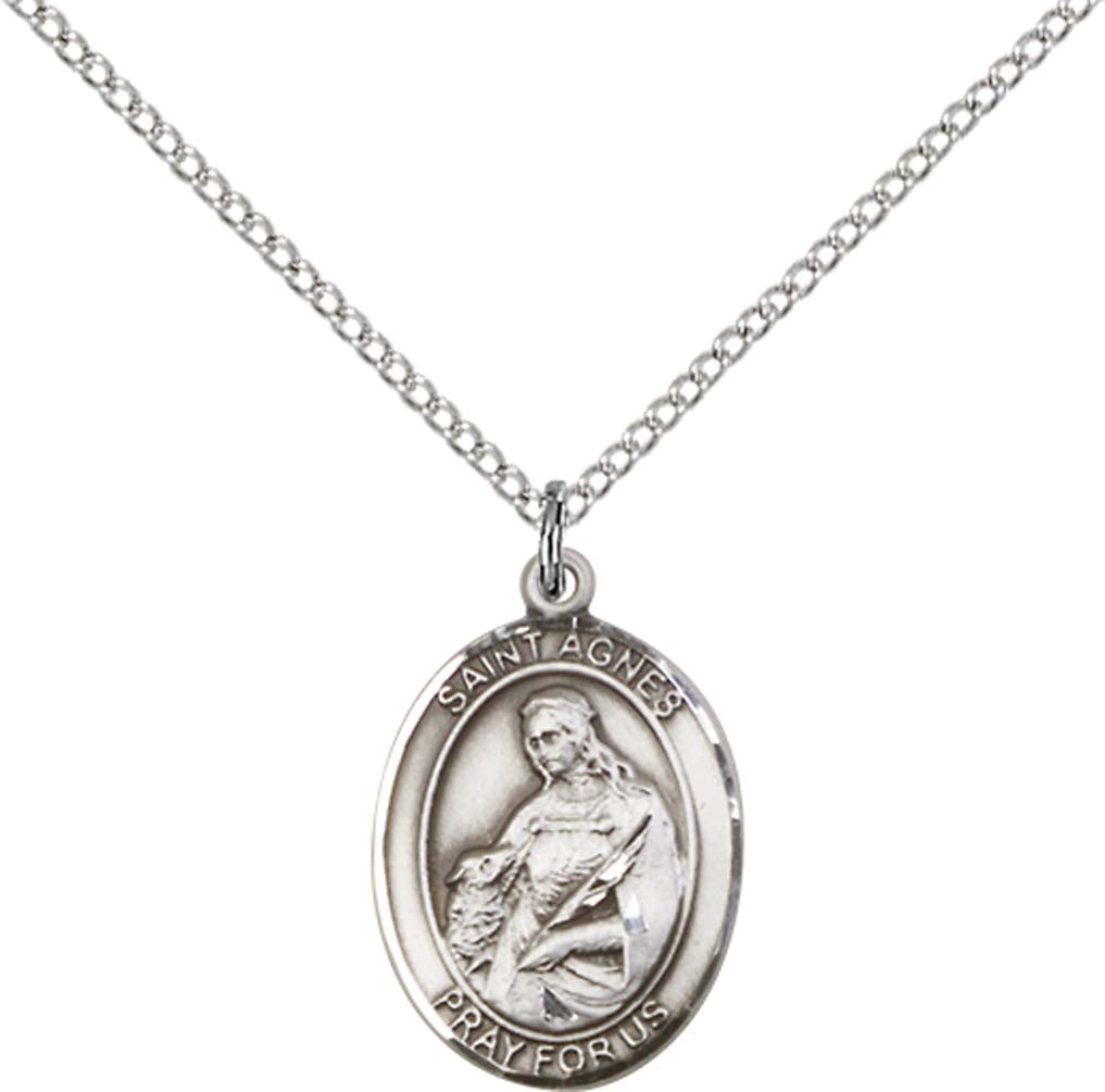 Sterling Silver St. Agnes of Rome Pendant with 18 inch Sterling Silver Light Curb Chain - Medium