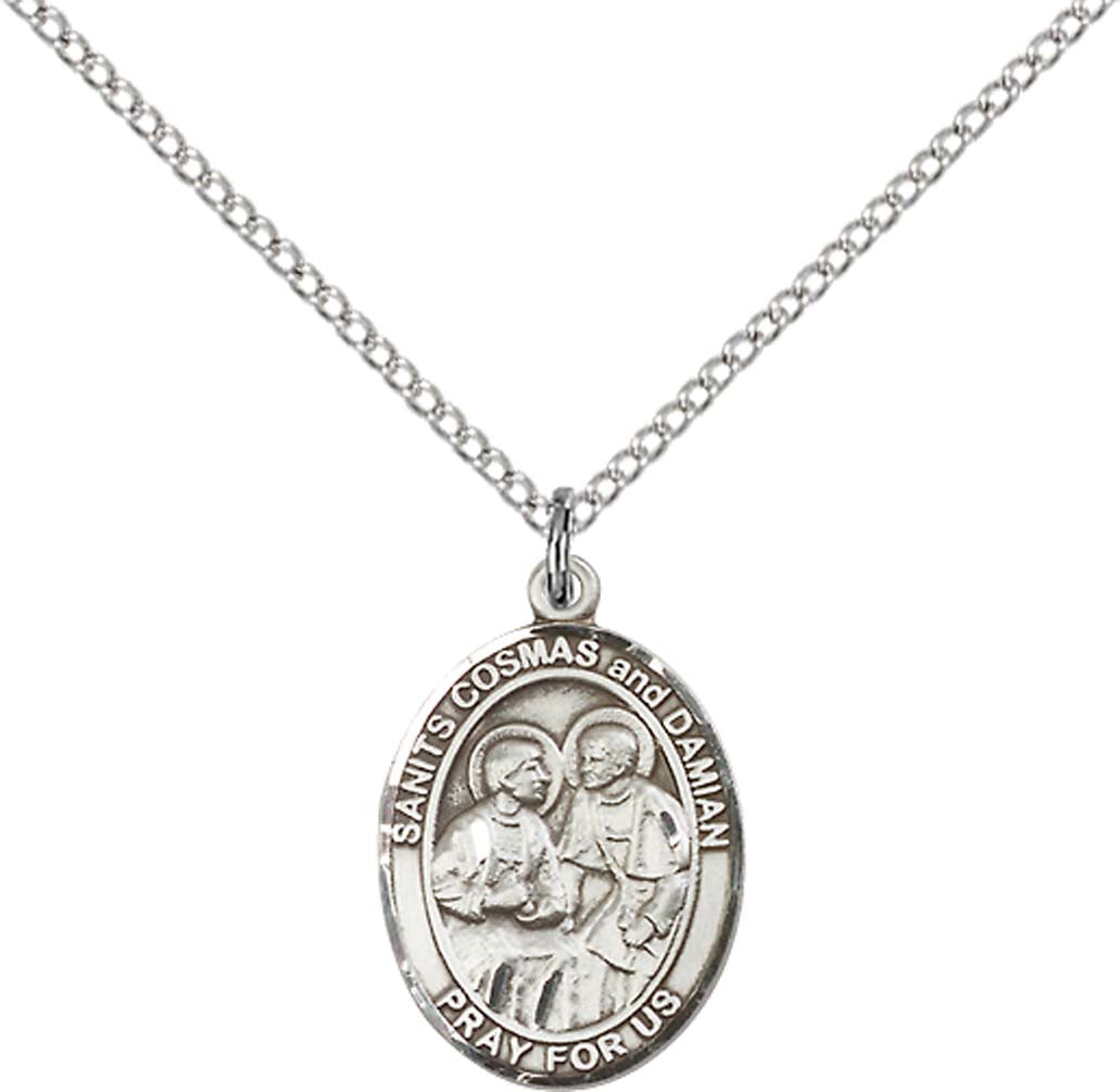 Sterling Silver Sts. Cosmas & Damian Pendant with 18 inch Sterling Silver Light Curb Chain