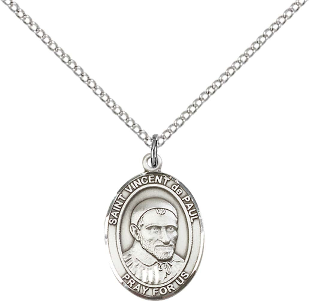 Sterling Silver St. Vincent De Paul Pendant with 18 inch Sterling Silver Light Curb Chain