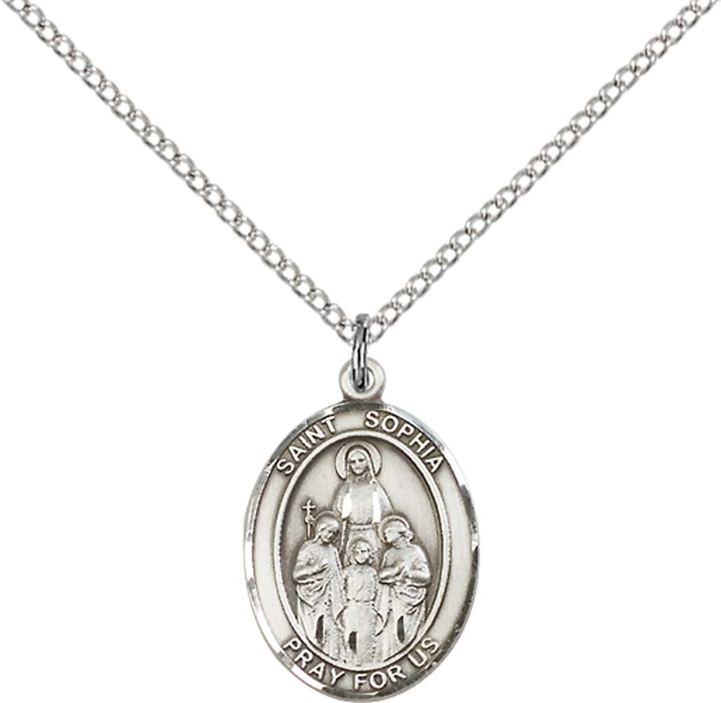 Sterling Silver St. Sophia Pendant with 18 inch Sterling Silver Light Curb Chain - Medium