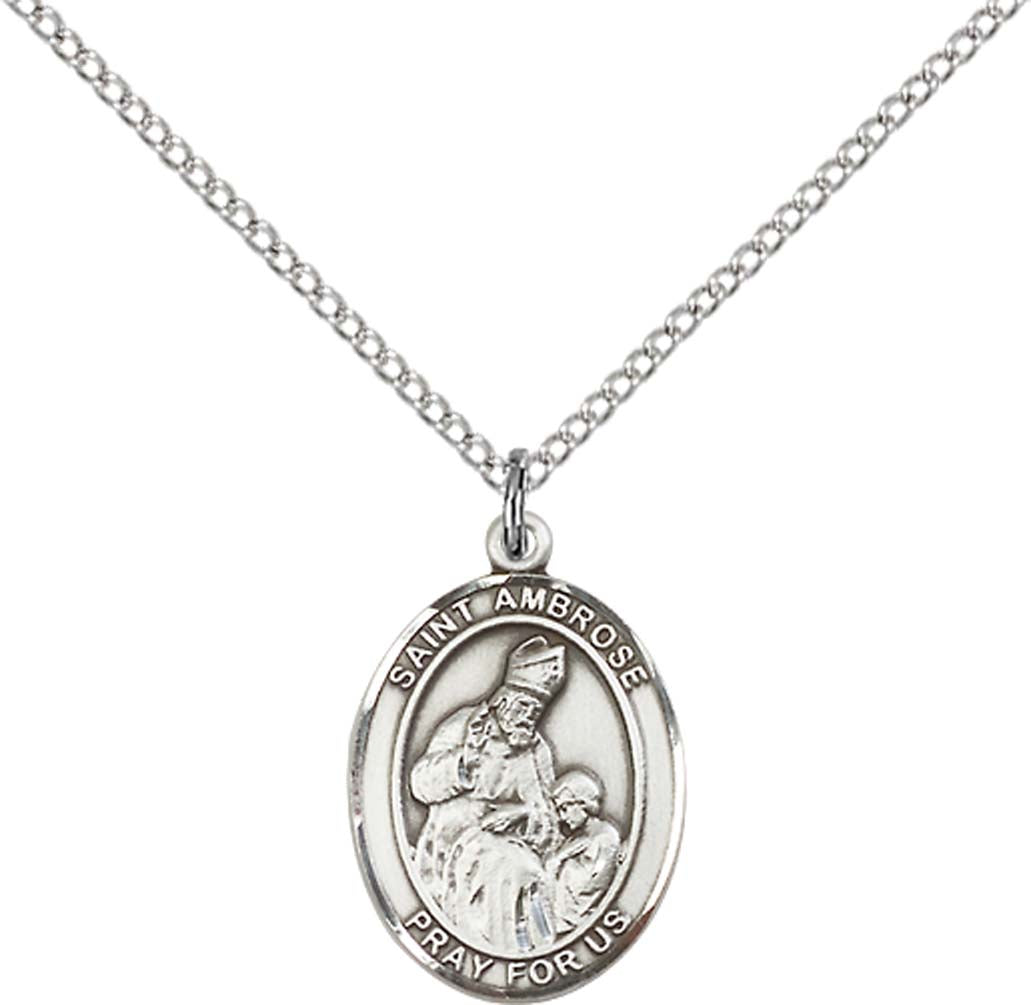 Sterling Silver St. Ambrose Pendant with 18 inch Sterling Silver Light Curb Chain