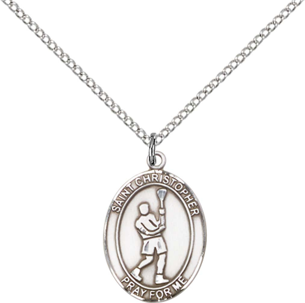 Sterling Silver St. Christopher/Lacrosse Pendant with 18 inch Sterling Silver Light Curb Chain