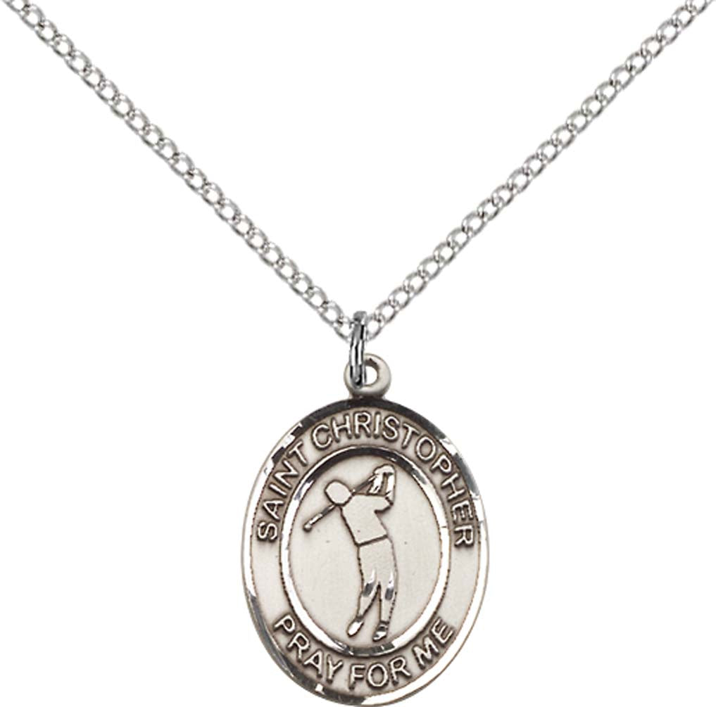 Sterling Silver St. Christopher/Golf Pendant with 18 inch Sterling Silver Light Curb Chain - Medium