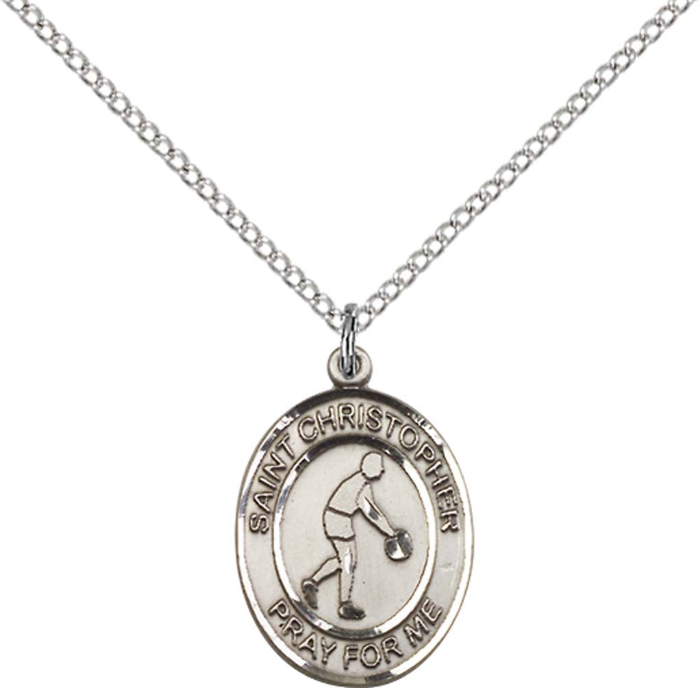 Sterling Silver St. Christopher/Basketball Pendant with 18 inch Sterling Silver Light Curb Chain - Medium