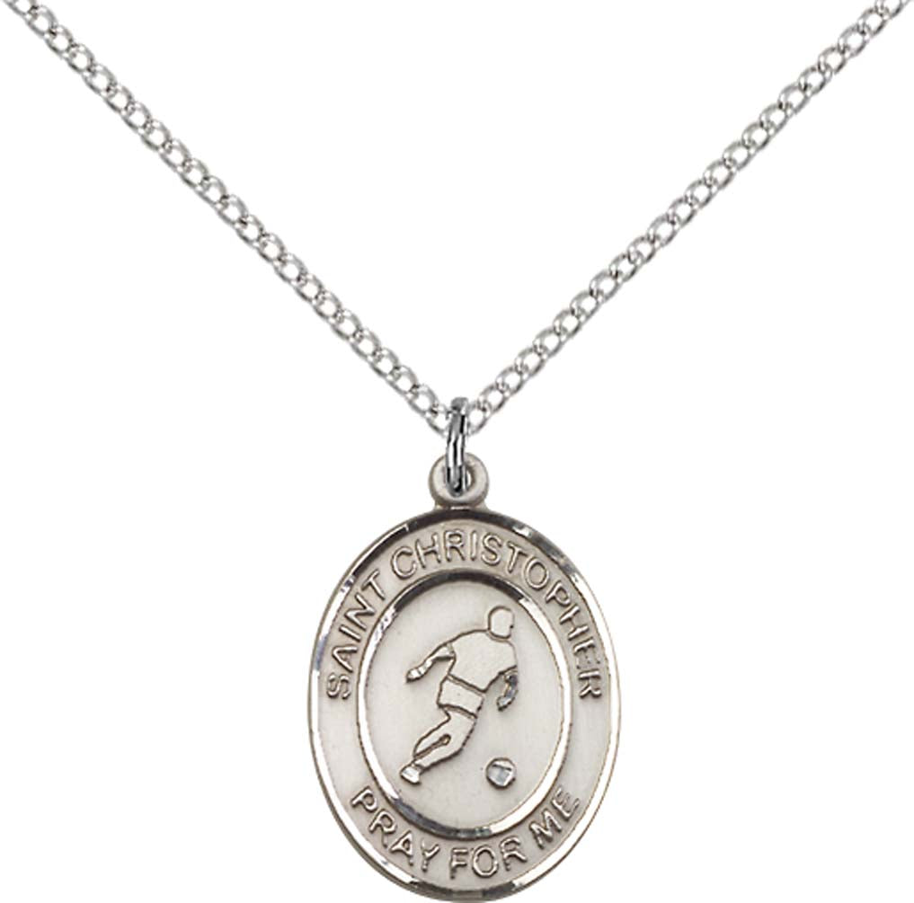 Sterling Silver St. Christopher/Soccer Pendant with 18 inch Sterling Silver Light Curb Chain - Medium