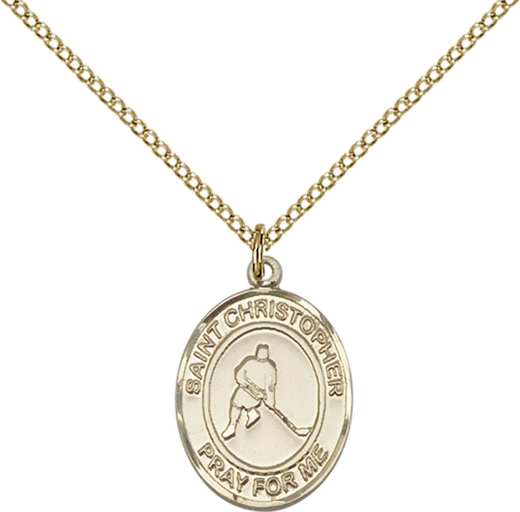 14kt Gold Filled St. Christopher/Ice Hockey Pendant with 18 inch Gold Filled Light Curb Chain