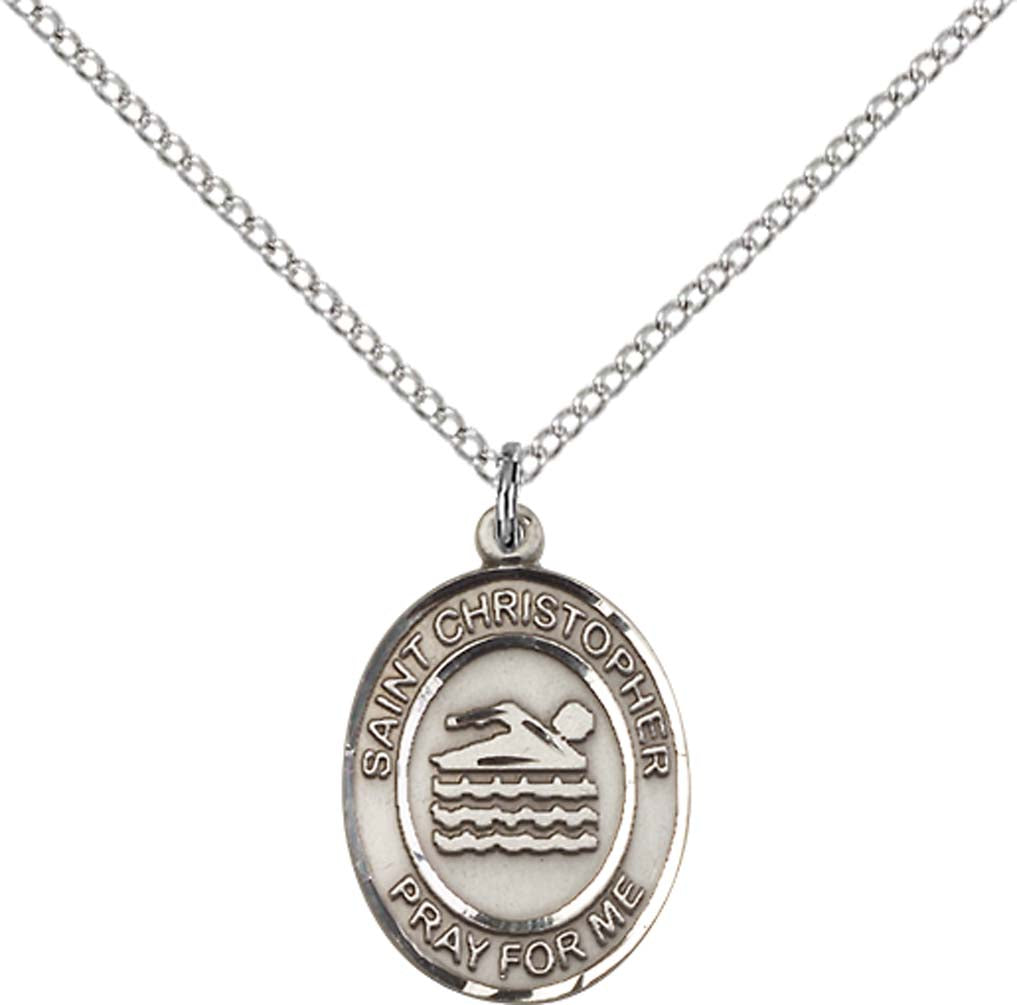 Sterling Silver St. Christopher/Swimming Pendant with 18 inch Sterling Silver Light Curb Chain
