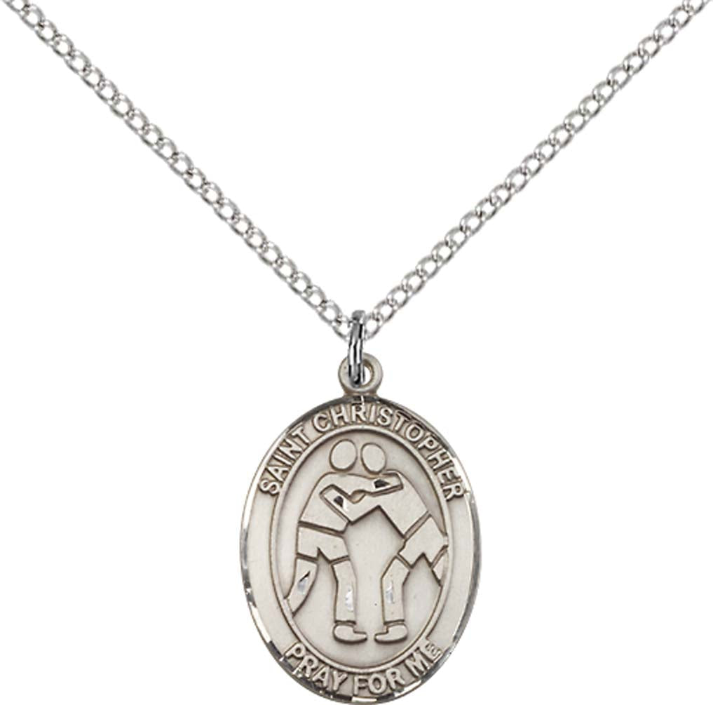 Sterling Silver St. Christopher/Wrestling Pendant with 18 inch Sterling Silver Light Curb Chain - Medium