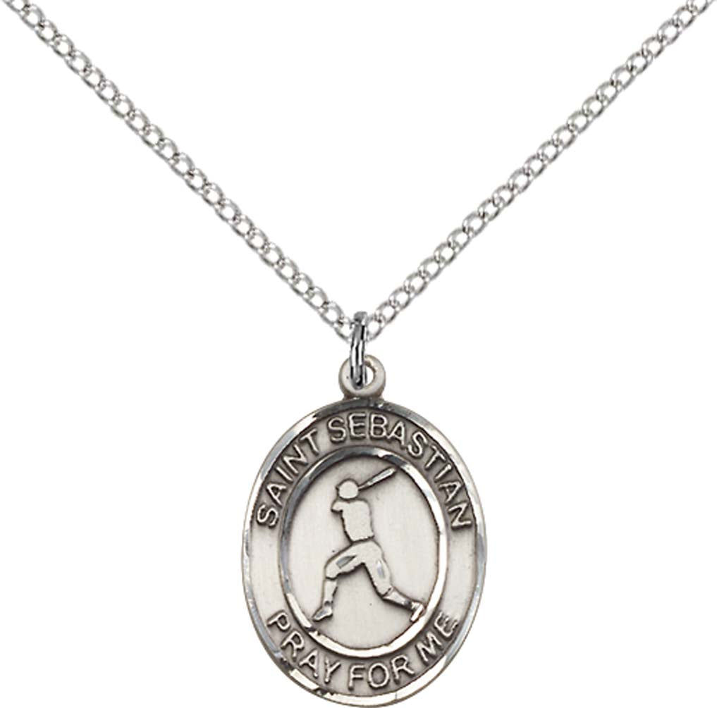 Sterling Silver St. Sebastian/Baseball Pendant with 18 inch Sterling Silver Light Curb Chain