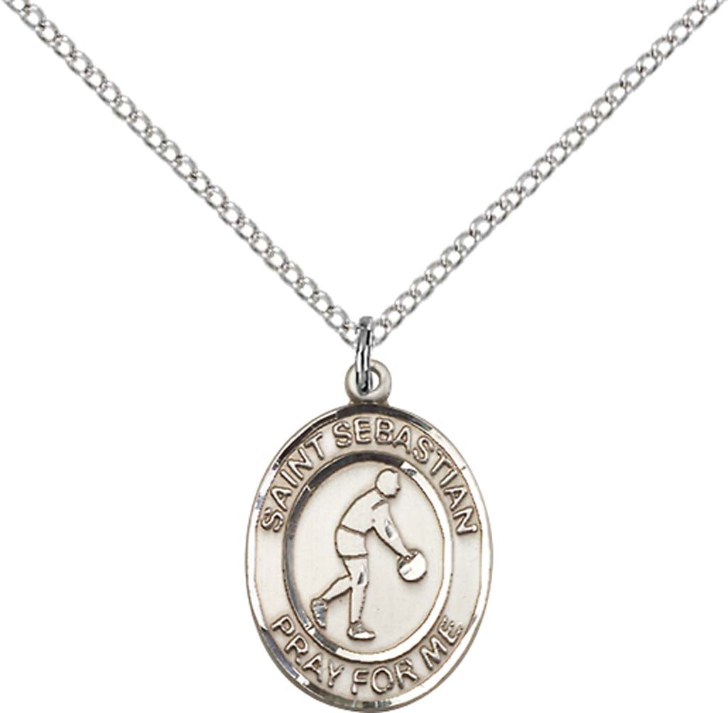 Sterling Silver St. Sebastian/Basketball Pendant with 18 inch Sterling Silver Light Curb Chain