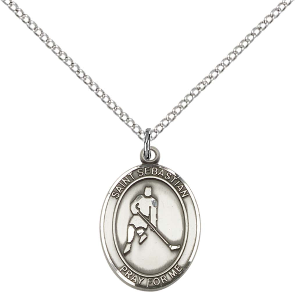 Sterling Silver St. Sebastian/Ice Hockey Pendant with 18 inch Sterling Silver Light Curb Chain