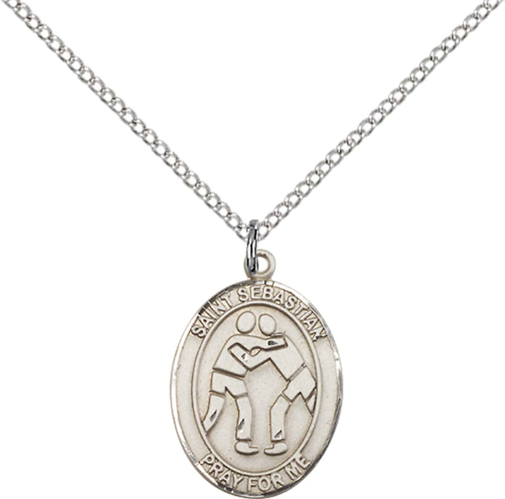 Sterling Silver St. Sebastian/Wrestling Pendant with 18 inch Sterling Silver Light Curb Chain
