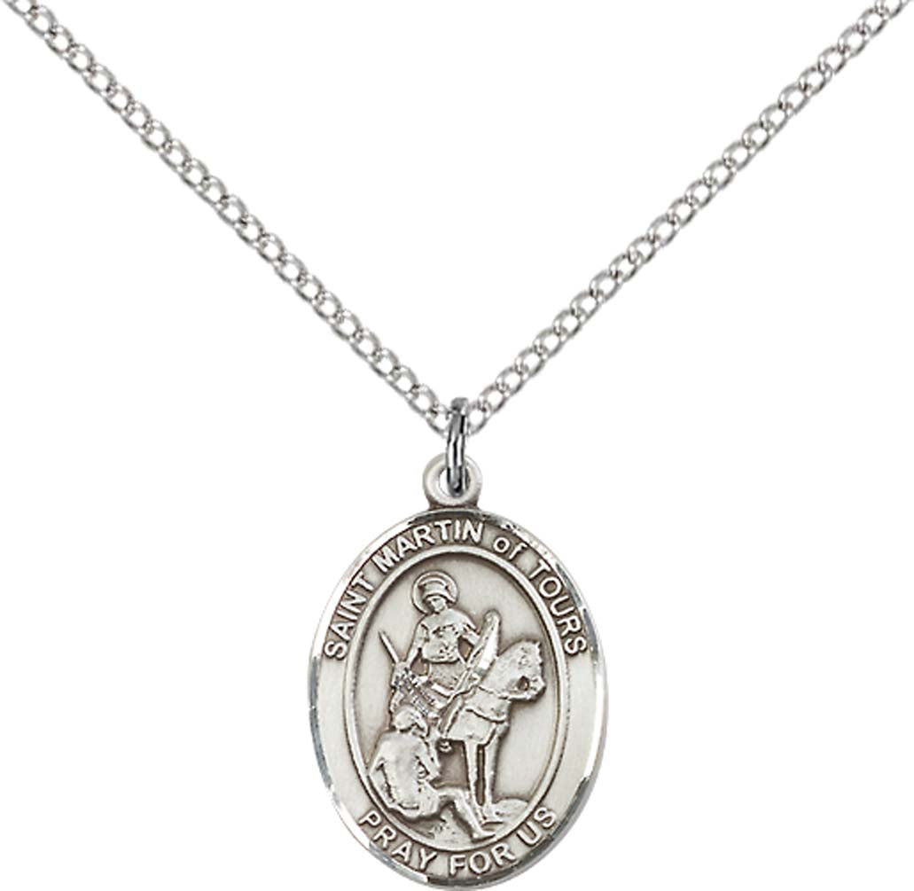 Sterling Silver St. Martin of Tours Pendant with 18 inch Sterling Silver Light Curb Chain - Medium