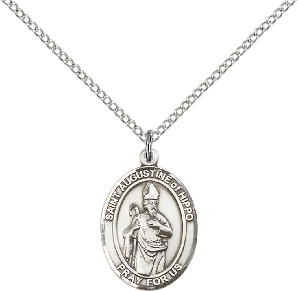 Sterling Silver St. Augustine of Hippo Pendant with 18 inch Sterling Silver Light Curb Chain - Medium