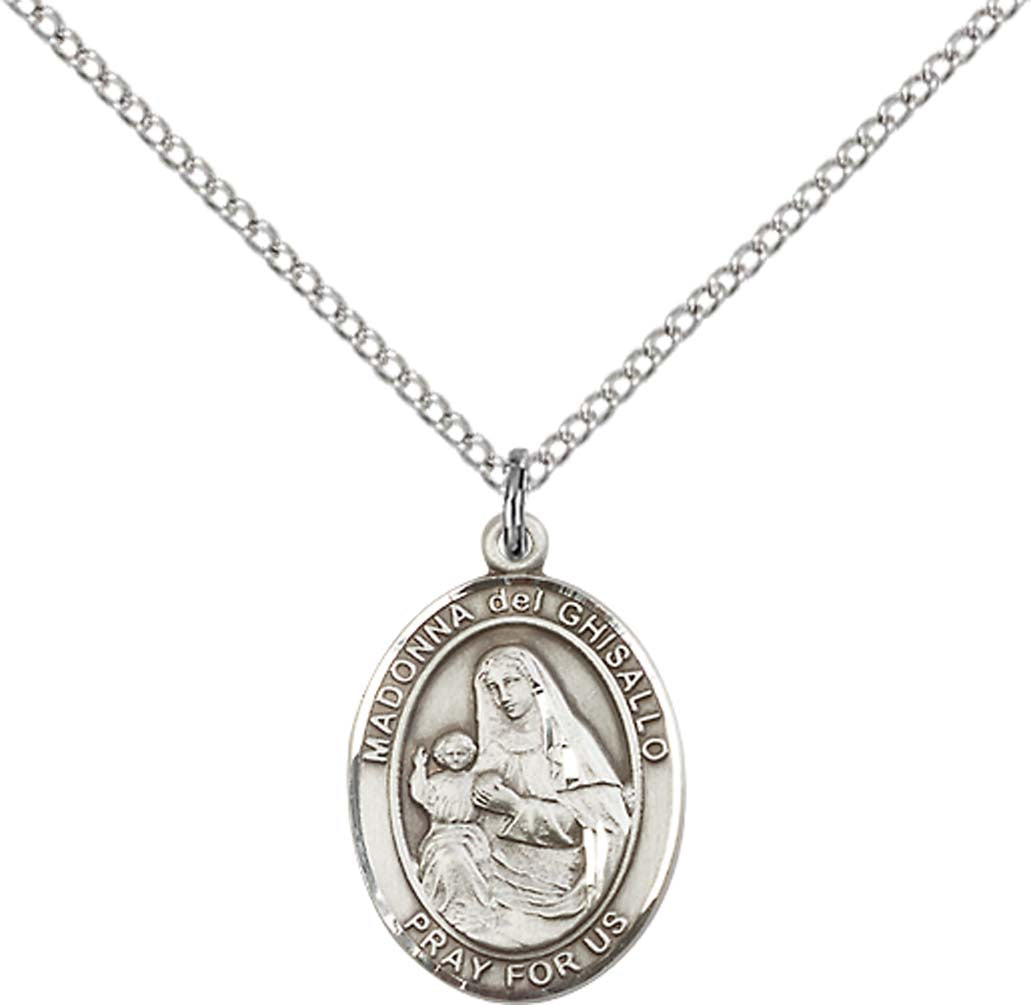 Sterling Silver St. Madonna Del Ghisallo Pendant with 18 inch Sterling Silver Light Curb Chain - Medium