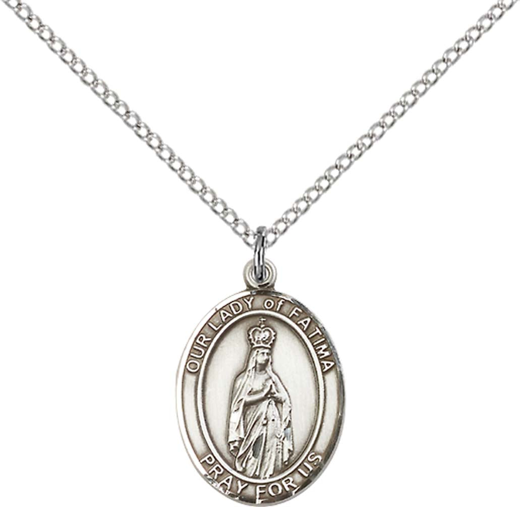 Sterling Silver O/L of Fatima Pendant with 18 inch Sterling Silver Light Curb Chain - Medium