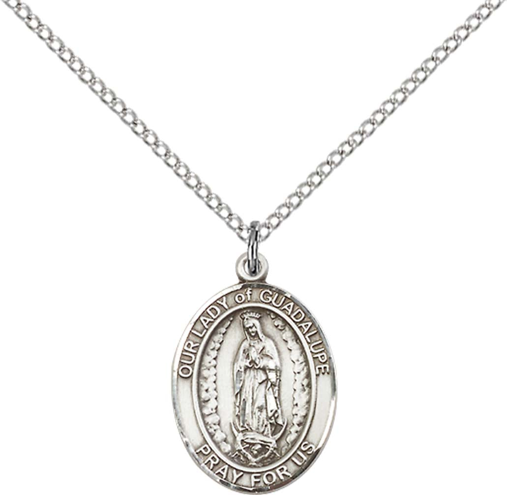 Sterling Silver O/L of Guadalupe Pendant with 18 inch Sterling Silver Light Curb Chain
