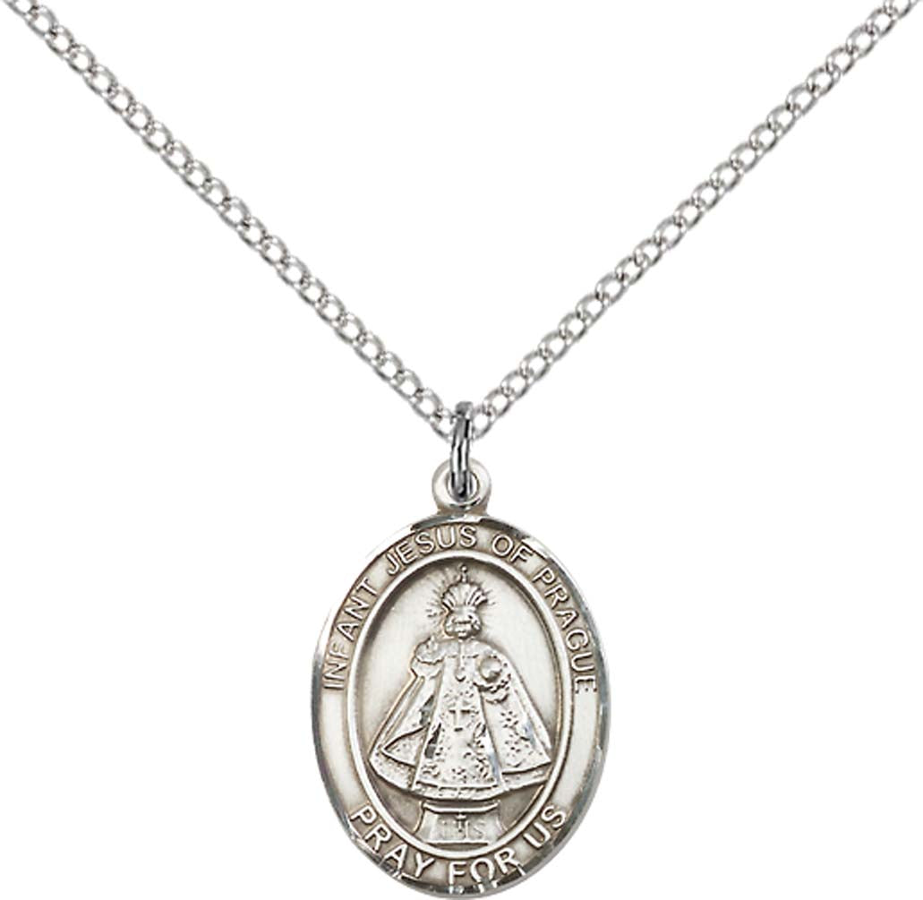 Sterling Silver Infant of Prague Pendant with 18 inch Sterling Silver Light Curb Chain - Medium