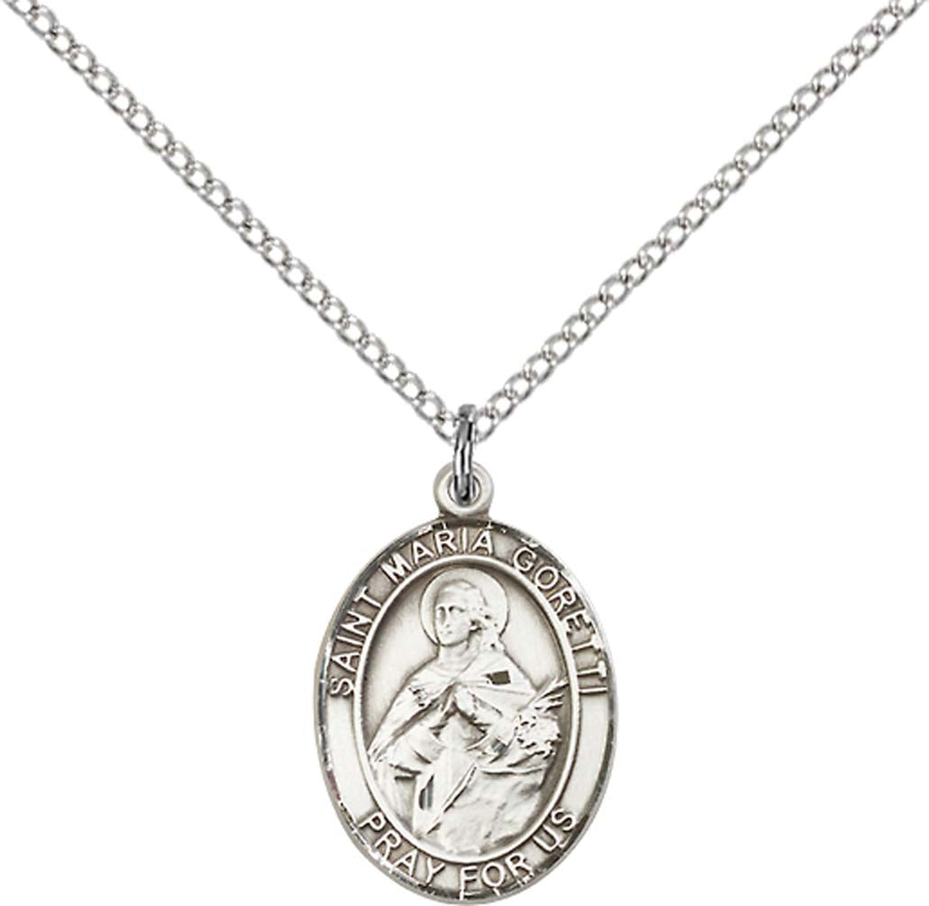 Sterling Silver St. Maria Goretti Pendant with 18 inch Sterling Silver Light Curb Chain - Medium