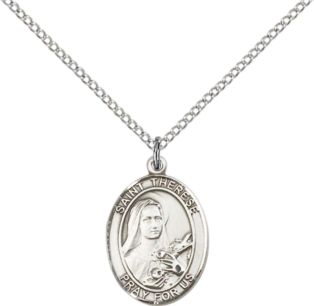 Sterling Silver St. Therese of Lisieux Pendant with 18 inch Sterling Silver Light Curb Chain - Medium